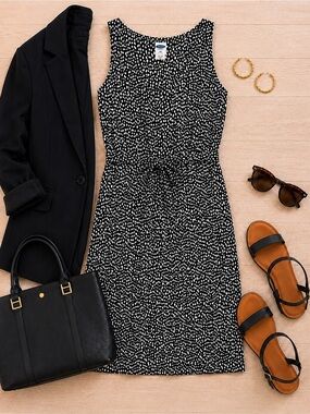 Old Navy Plus Size 2X Sleeveless Tie Waist Dress Black White Print